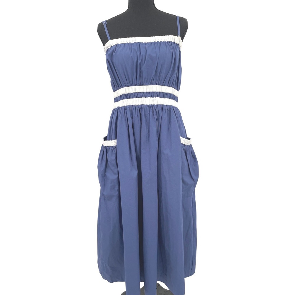 Aureum Dress Women M Blue Cotton Coastal Midi Pockets Stripe Nautical Summer‎